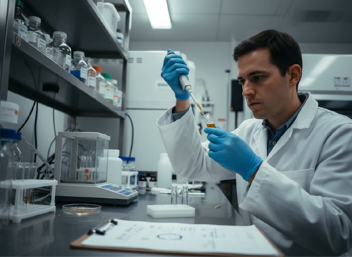 Technician testing a hemp sample in an accredited third-party laboratory