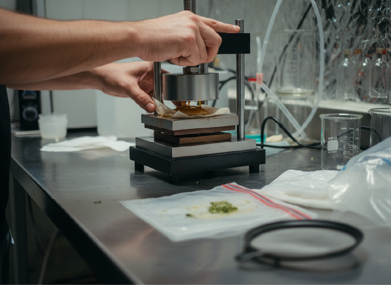 Live rosin extraction process showing how solventless cannabis concentrate is made