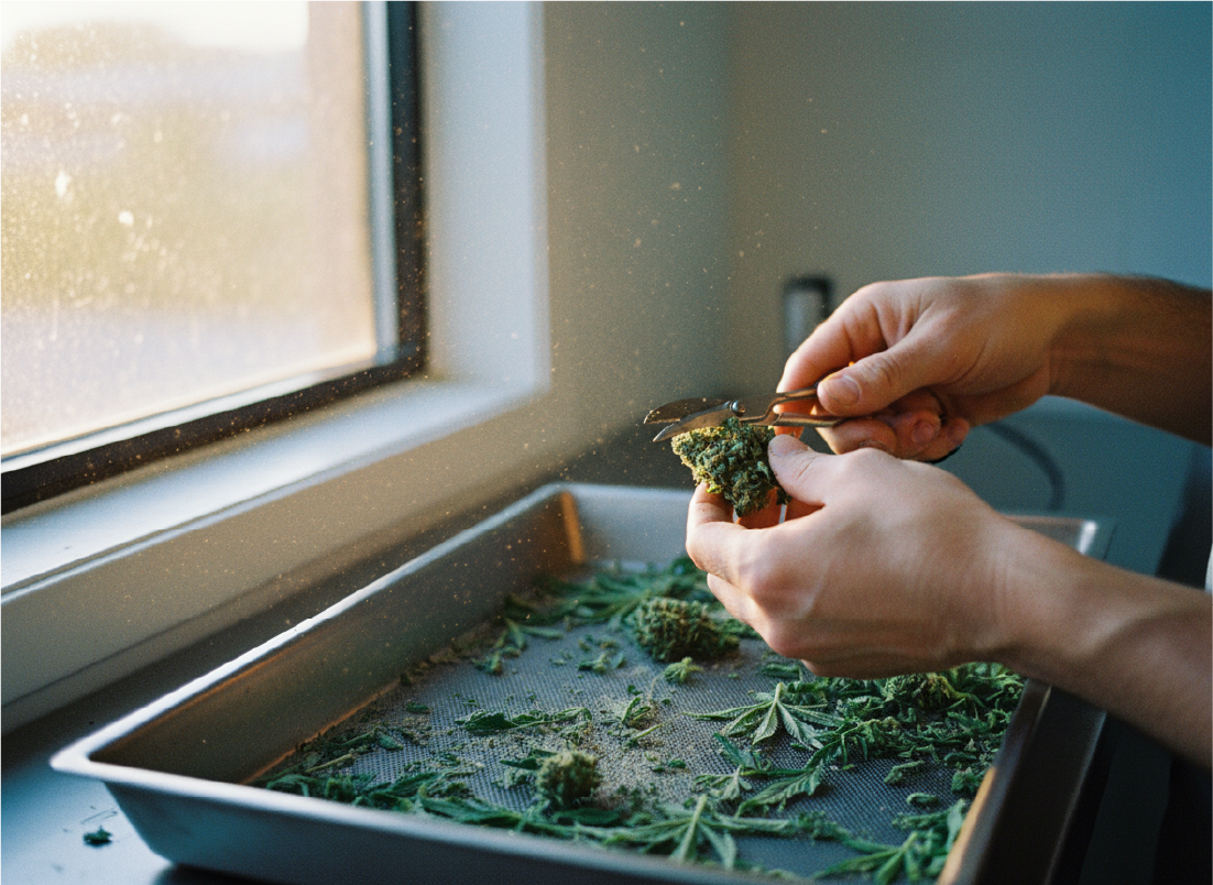 TP-G Farm hand-trimming cannabis buds by hand for premium quality
