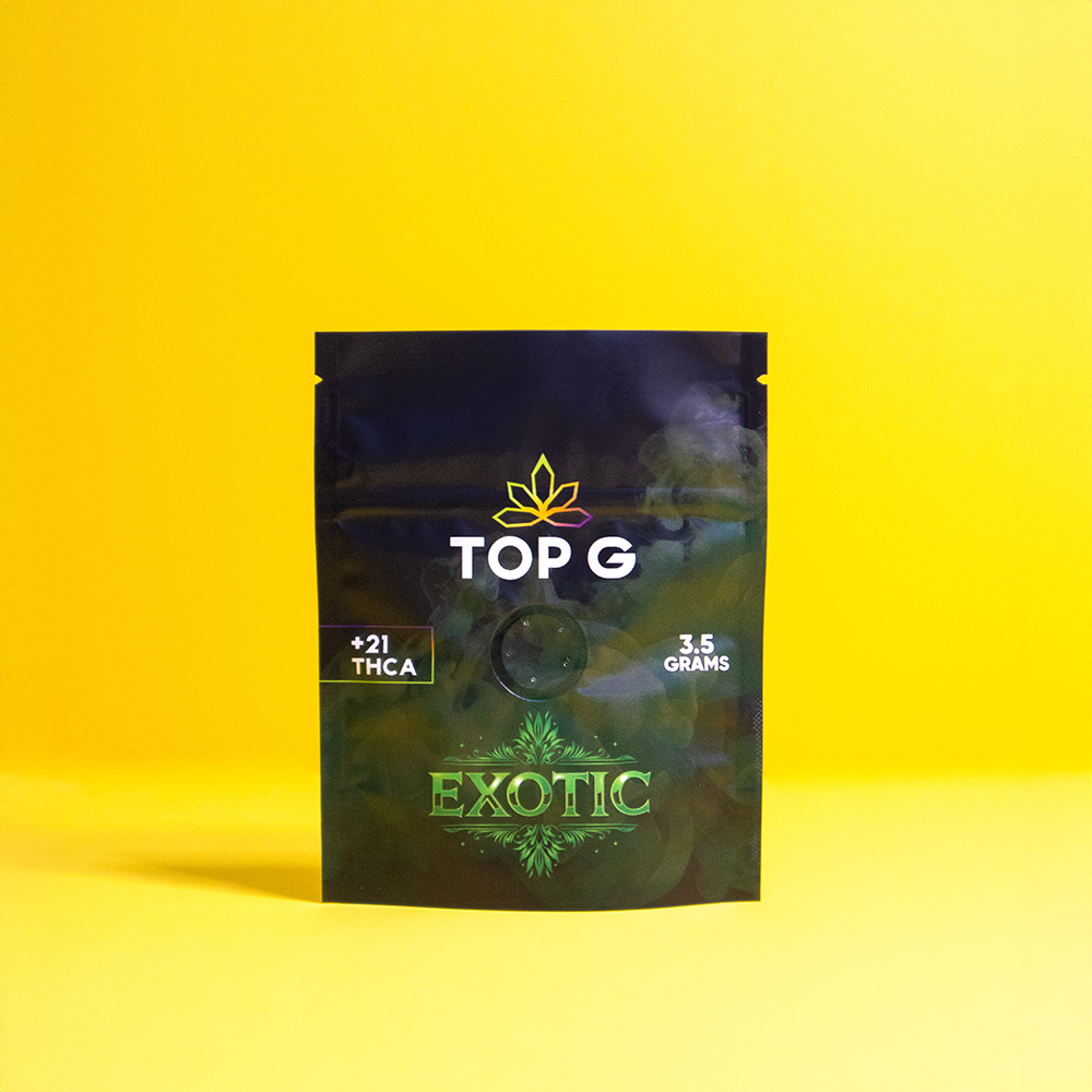 TP-G Farm Exotic line THCa flower pouch, front